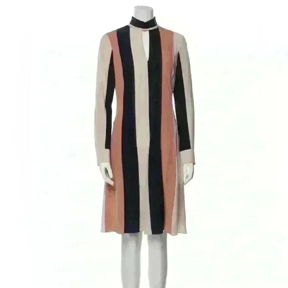 Derek Lam Silk Knee Length Mock Neck Striped Pleated Long Sleeves Keyhole Size 6 - Picture 2 of 12